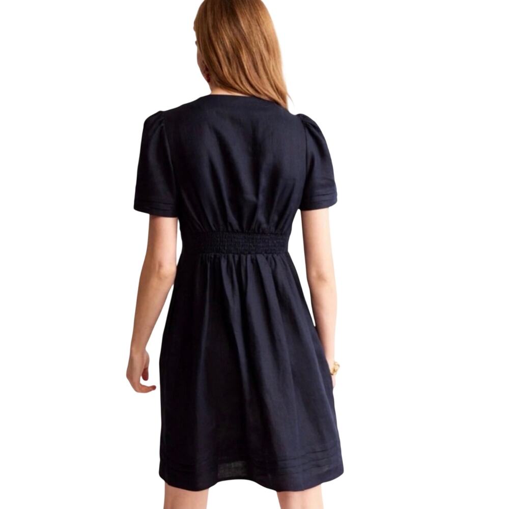 ANTHROPOLOGIE BODEN Dress 8 Linen VNeck Puff Sleeve Elastic Waist Pockets Navy - Picture 2 of 13
